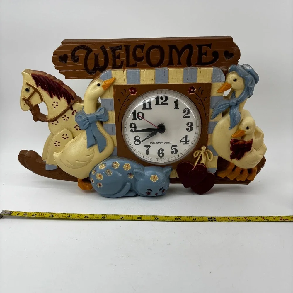 Vintage New Haven Burwood Products Welcome Wall Clock Country Geese Cat 1987